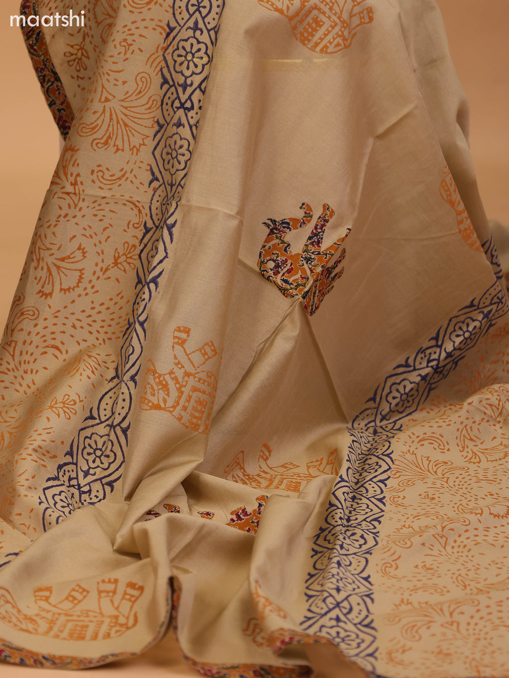 Dark Mustard and Beige Cotton Dress Material With Kalamkari Prints & Patch Work Neck Pattern and Bottom & Dupatta