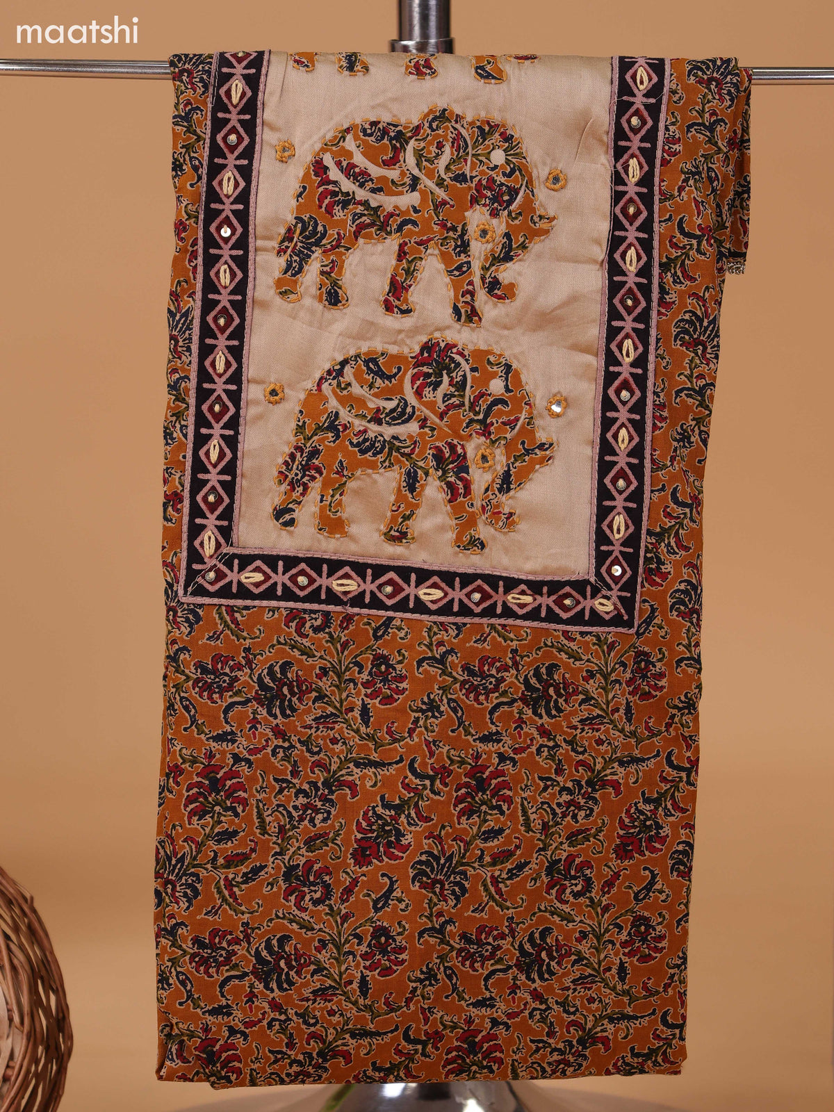 Dark Mustard and Beige Cotton Dress Material With Kalamkari Prints & Patch Work Neck Pattern and Bottom & Dupatta