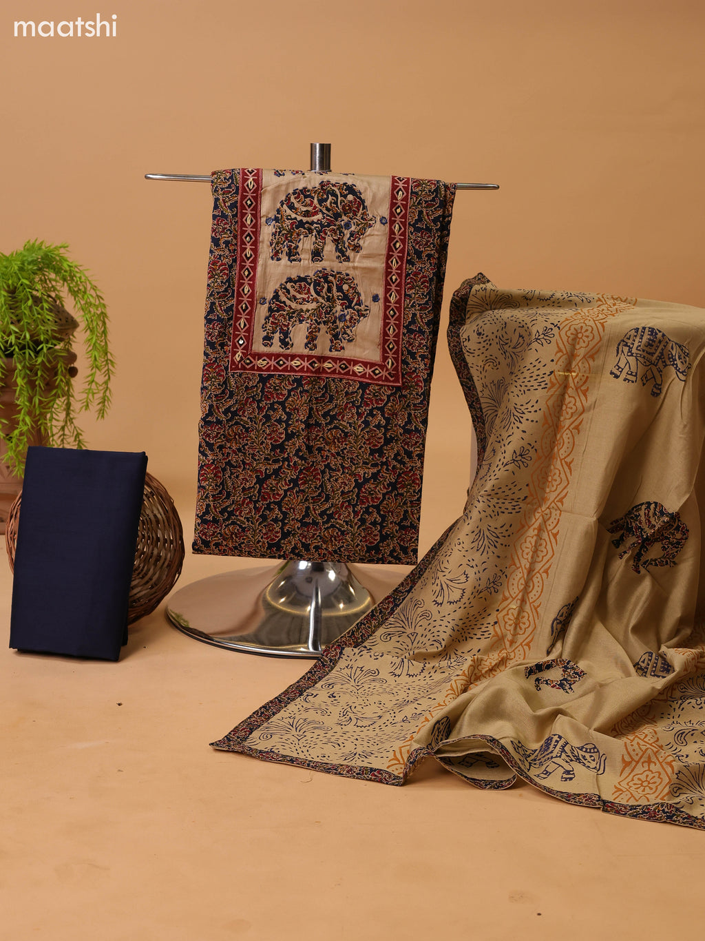 Dark Navy Blue and Beige Cotton Dress Material With Kalamkari Prints & Patch Work Neck Pattern and Bottom & Dupatta