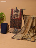 Dark Navy Blue and Beige Cotton Dress Material With Kalamkari Prints & Patch Work Neck Pattern and Bottom & Dupatta