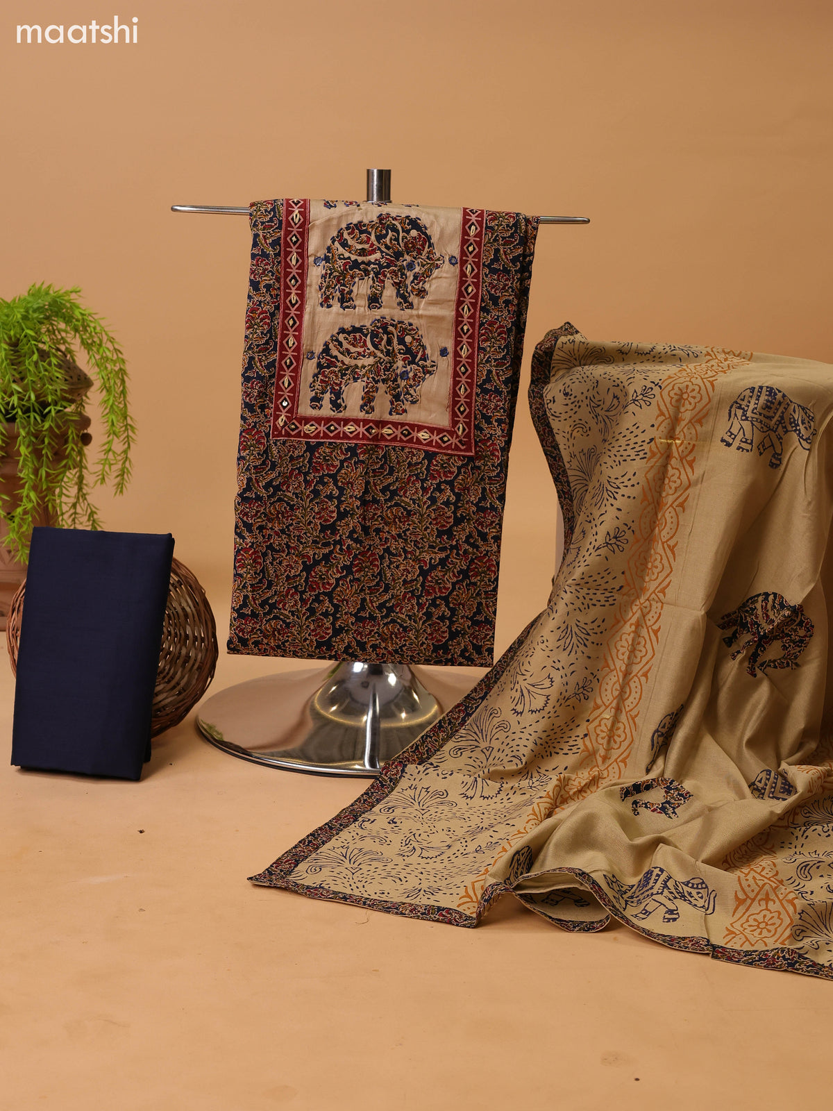 Dark Navy Blue and Beige Cotton Dress Material With Kalamkari Prints & Patch Work Neck Pattern and Bottom & Dupatta