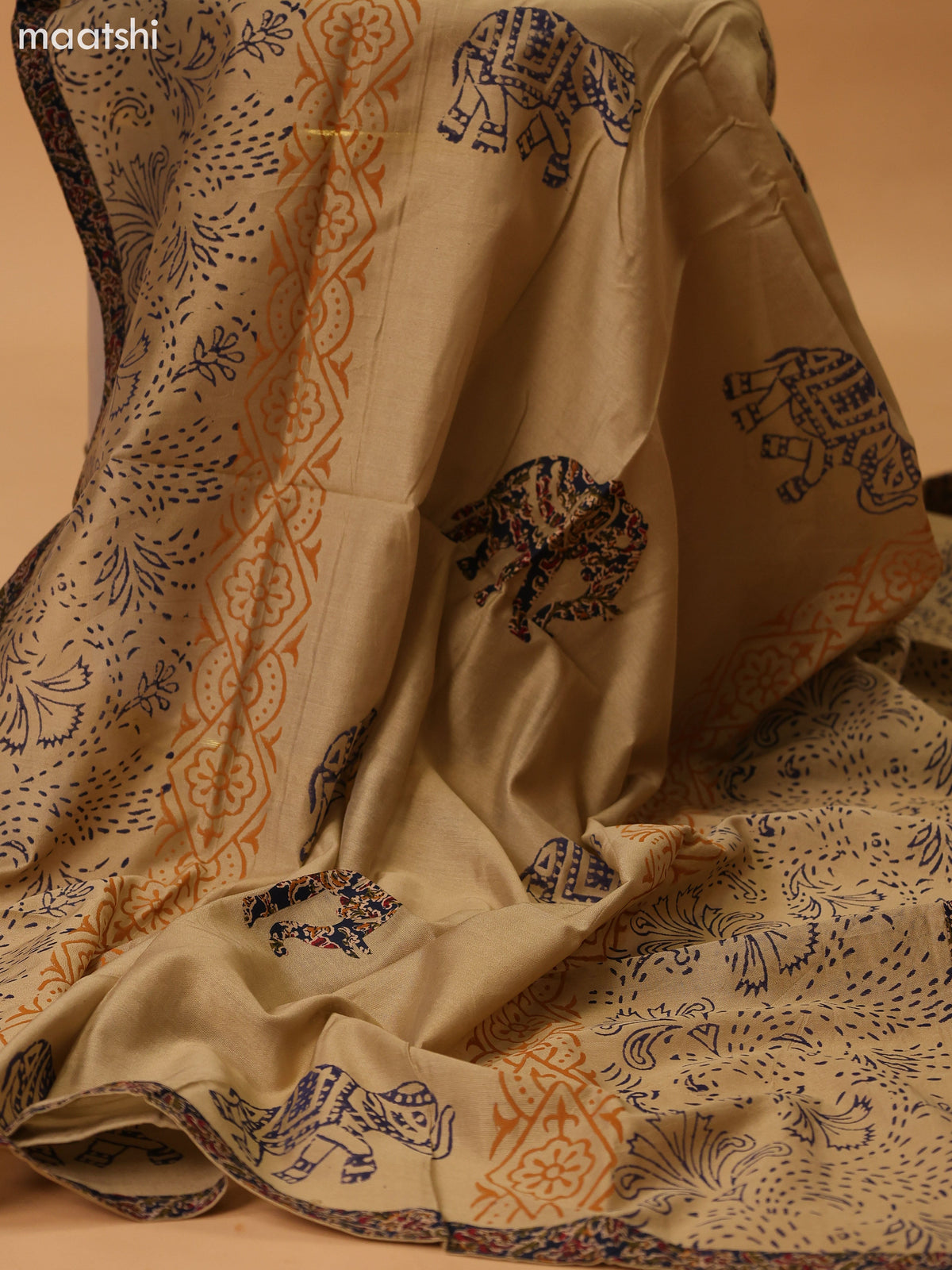 Dark Navy Blue and Beige Cotton Dress Material With Kalamkari Prints & Patch Work Neck Pattern and Bottom & Dupatta