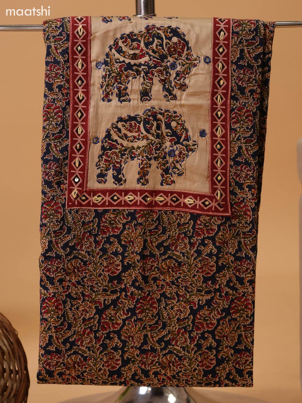 Dark Navy Blue and Beige Cotton Dress Material With Kalamkari Prints & Patch Work Neck Pattern and Bottom & Dupatta