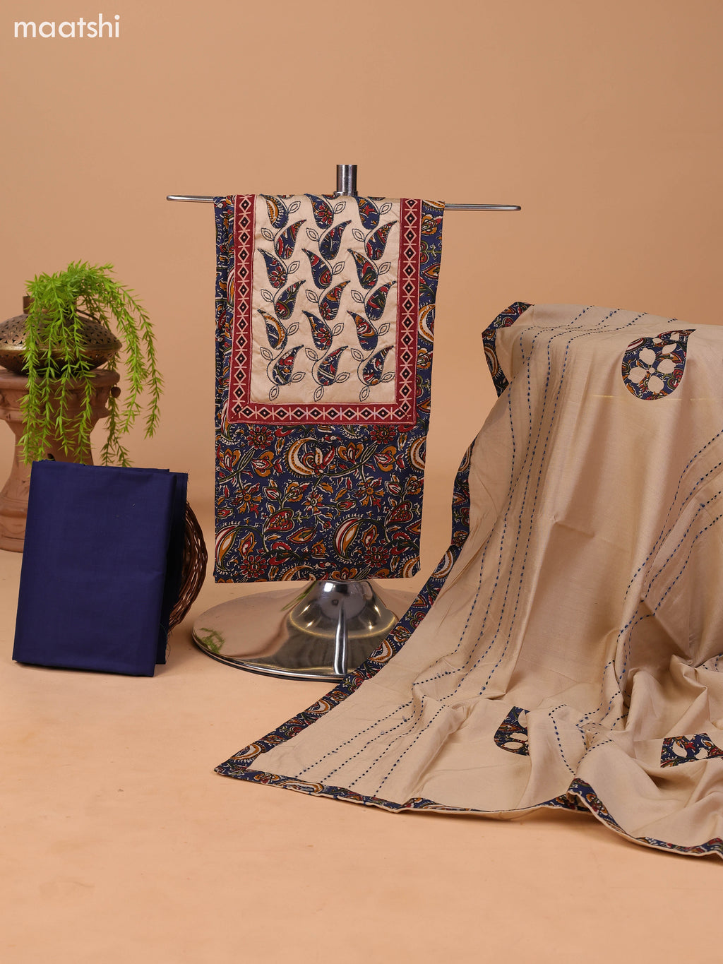 Navy Blue and Beige Cotton Dress Material With Kalamkari Prints & Patch Work Neck Pattern and Bottom & Dupatta