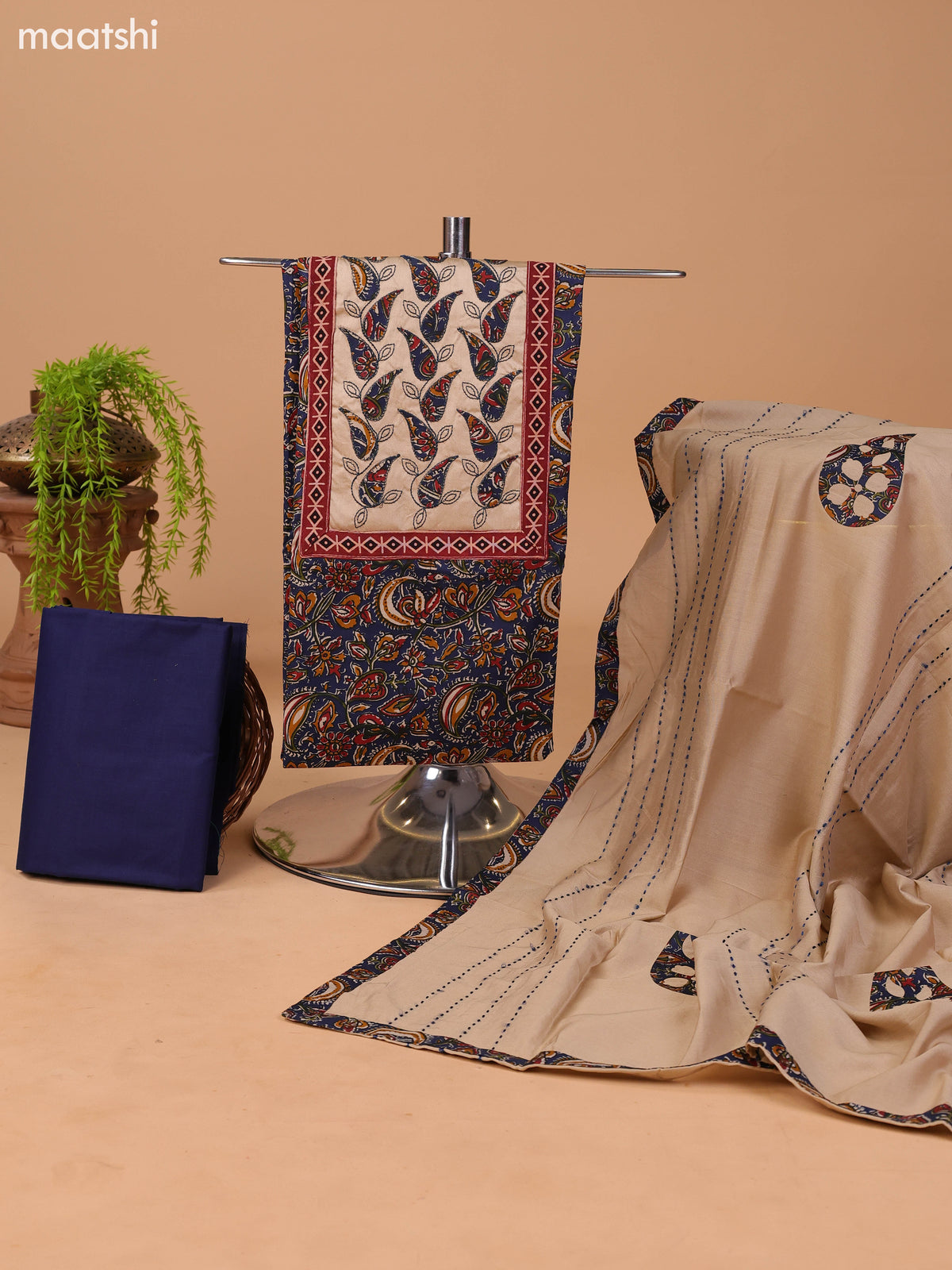 Navy Blue and Beige Cotton Dress Material With Kalamkari Prints & Patch Work Neck Pattern and Bottom & Dupatta