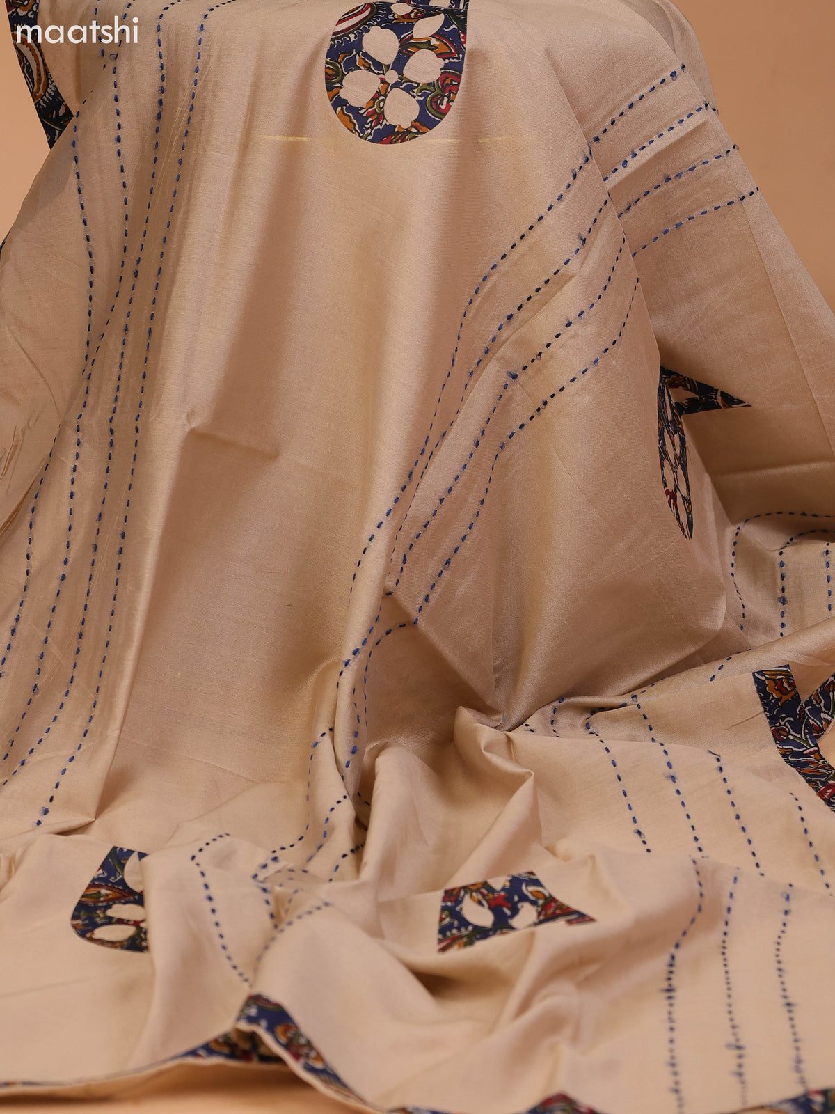 Navy Blue and Beige Cotton Dress Material With Kalamkari Prints & Patch Work Neck Pattern and Bottom & Dupatta