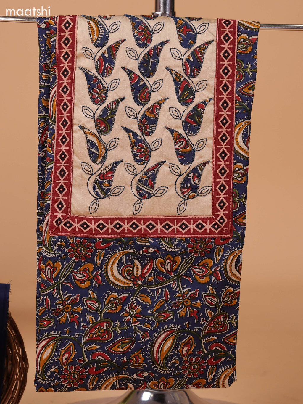 Navy Blue and Beige Cotton Dress Material With Kalamkari Prints & Patch Work Neck Pattern and Bottom & Dupatta