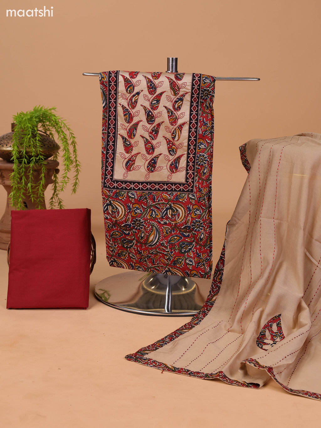 Dark Rust and Beige Cotton Dress Material With Kalamkari Prints & Patch Work Neck Pattern and Bottom & Dupatta