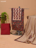 Dark Rust and Beige Cotton Dress Material With Kalamkari Prints & Patch Work Neck Pattern and Bottom & Dupatta