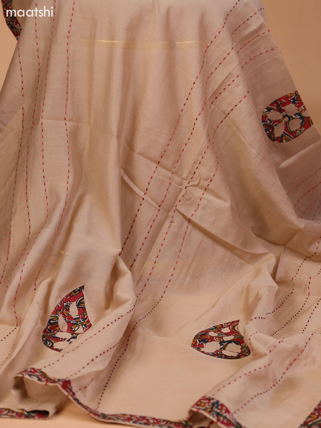Dark Rust and Beige Cotton Dress Material With Kalamkari Prints & Patch Work Neck Pattern and Bottom & Dupatta