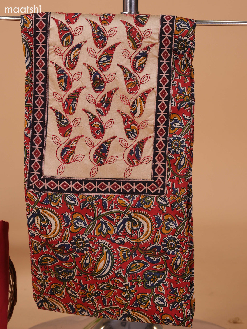 Dark Rust and Beige Cotton Dress Material With Kalamkari Prints & Patch Work Neck Pattern and Bottom & Dupatta