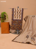Mustard Yellow and Beige Cotton Dress Material With Kalamkari Prints & Patch Work Neck Pattern and Bottom & Dupatta