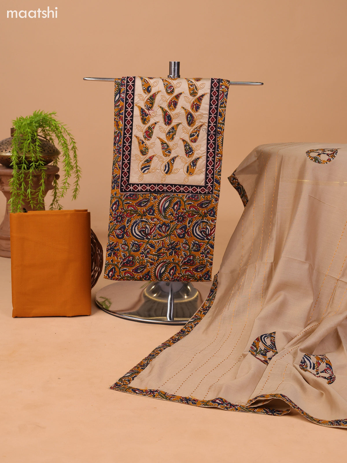 Mustard Yellow and Beige Cotton Dress Material With Kalamkari Prints & Patch Work Neck Pattern and Bottom & Dupatta