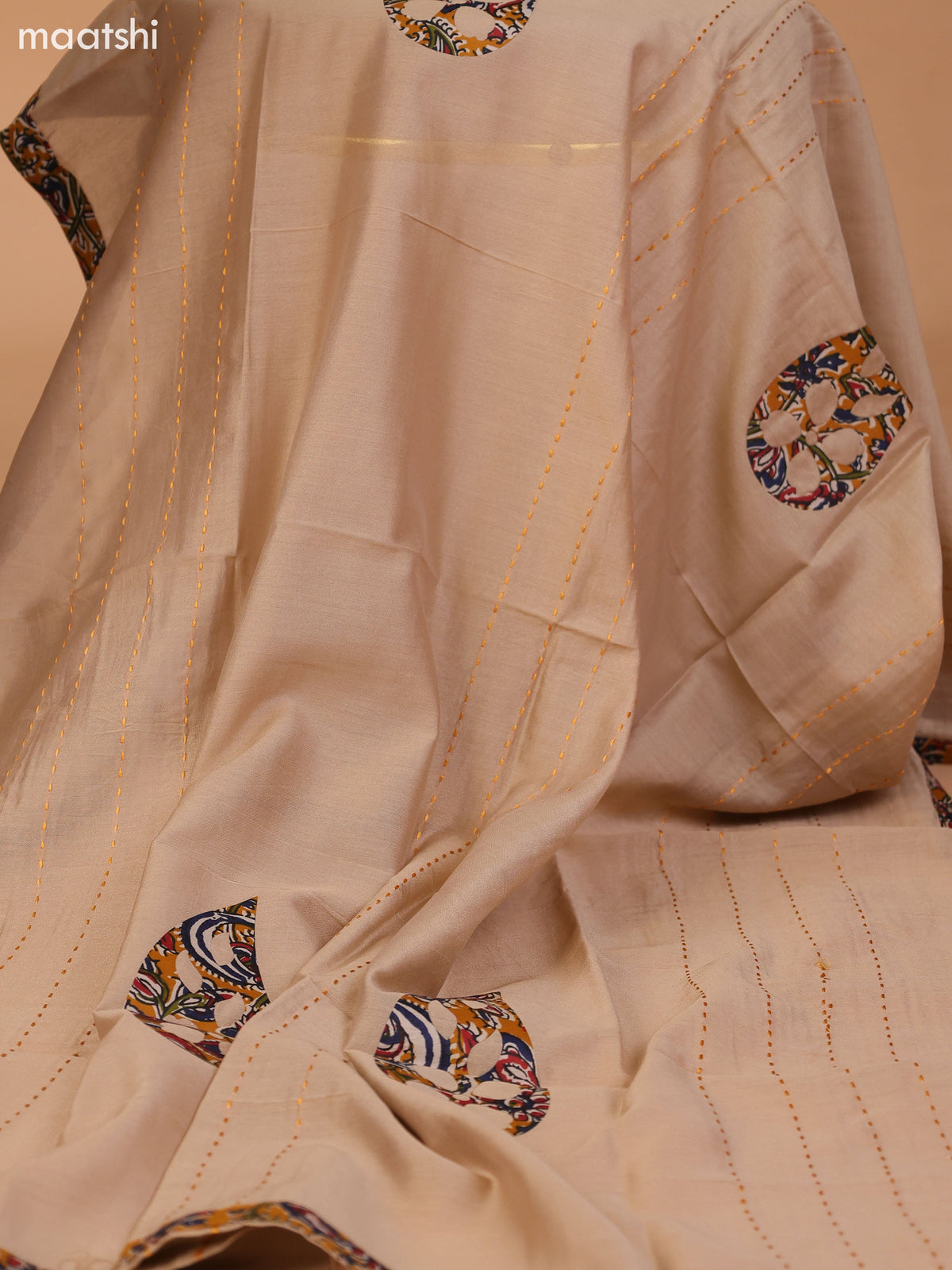 Mustard Yellow and Beige Cotton Dress Material With Kalamkari Prints & Patch Work Neck Pattern and Bottom & Dupatta