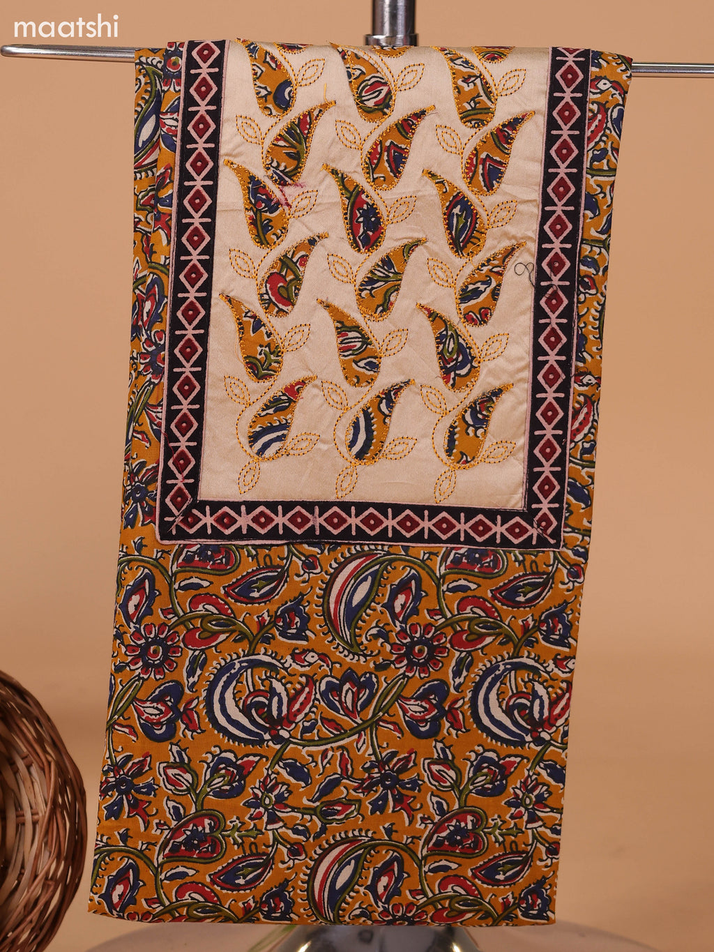 Mustard Yellow and Beige Cotton Dress Material With Kalamkari Prints & Patch Work Neck Pattern and Bottom & Dupatta