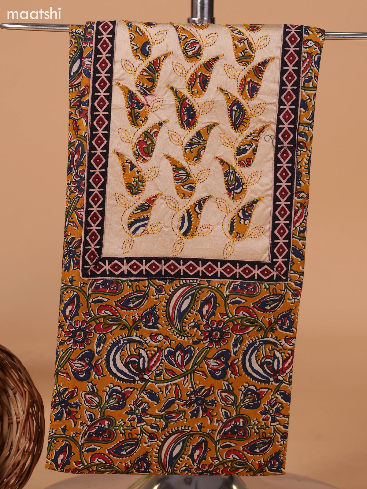 Mustard Yellow and Beige Cotton Dress Material With Kalamkari Prints & Patch Work Neck Pattern and Bottom & Dupatta