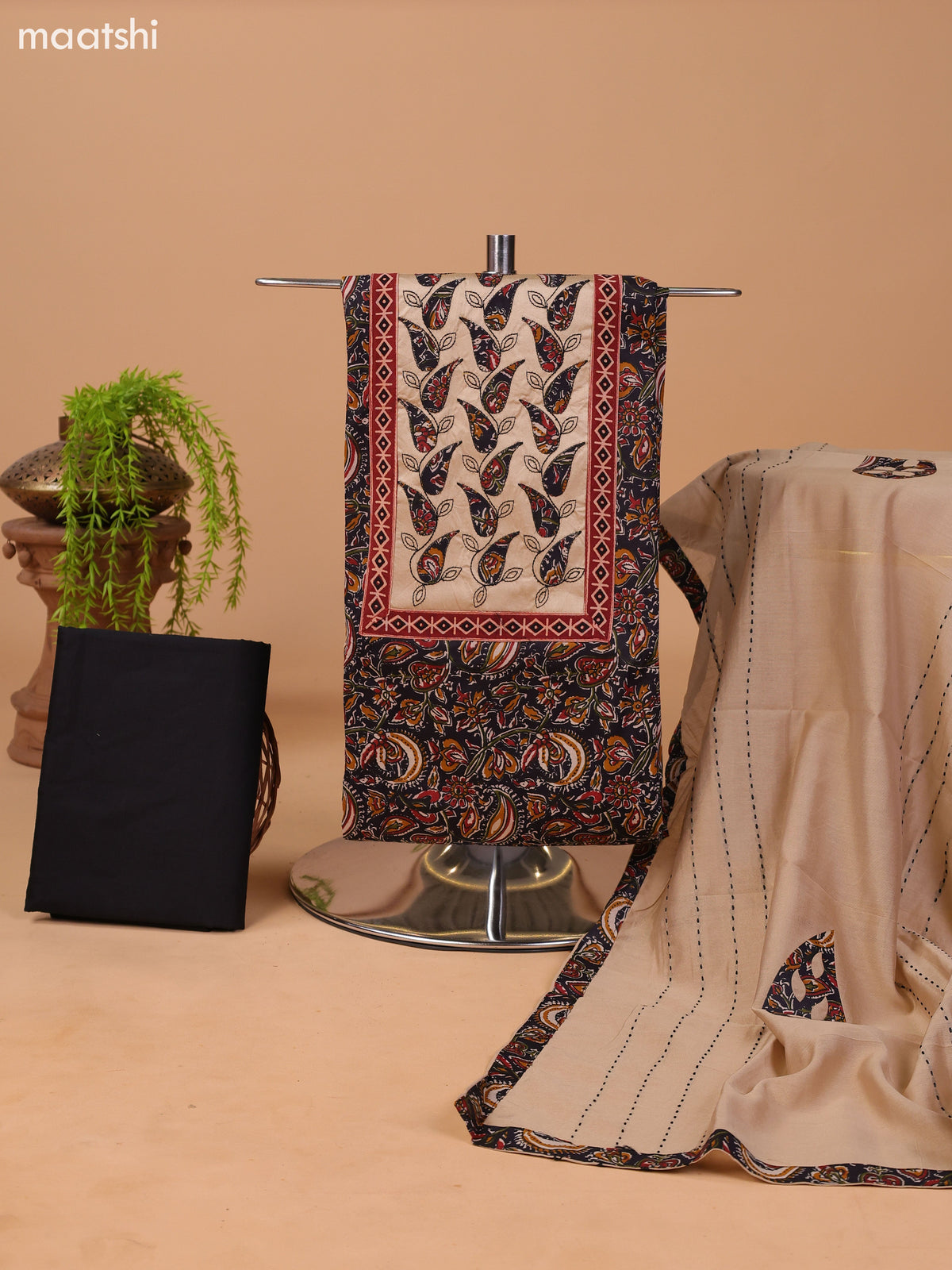 Black and Beige Cotton Dress Material With Kalamkari Prints & Patch Work Neck Pattern and Bottom & Dupatta