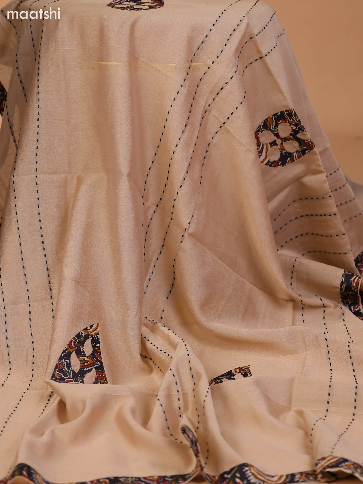 Black and Beige Cotton Dress Material With Kalamkari Prints & Patch Work Neck Pattern and Bottom & Dupatta