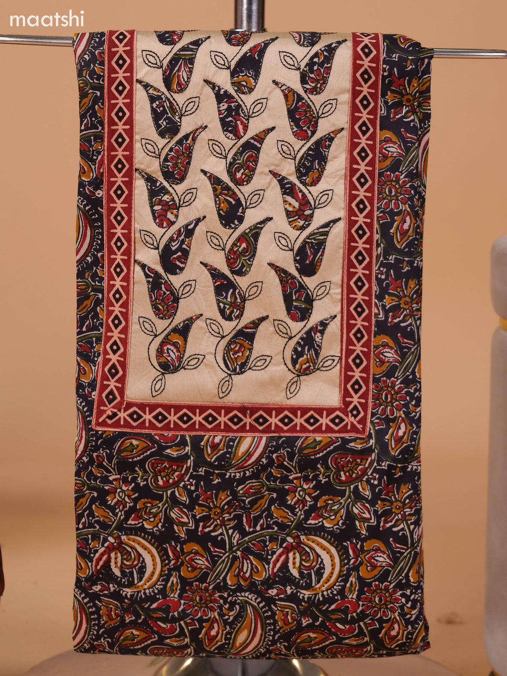 Black and Beige Cotton Dress Material With Kalamkari Prints & Patch Work Neck Pattern and Bottom & Dupatta