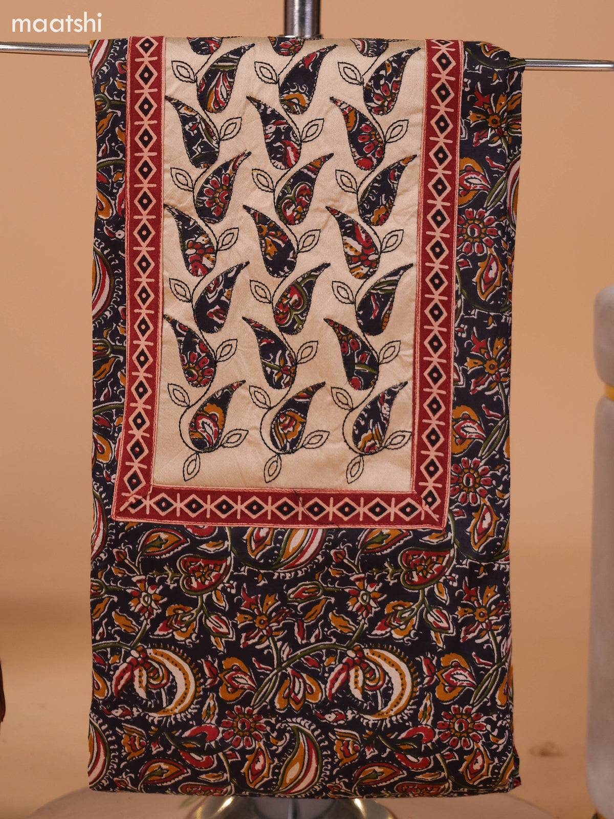 Black and Beige Cotton Dress Material With Kalamkari Prints & Patch Work Neck Pattern and Bottom & Dupatta