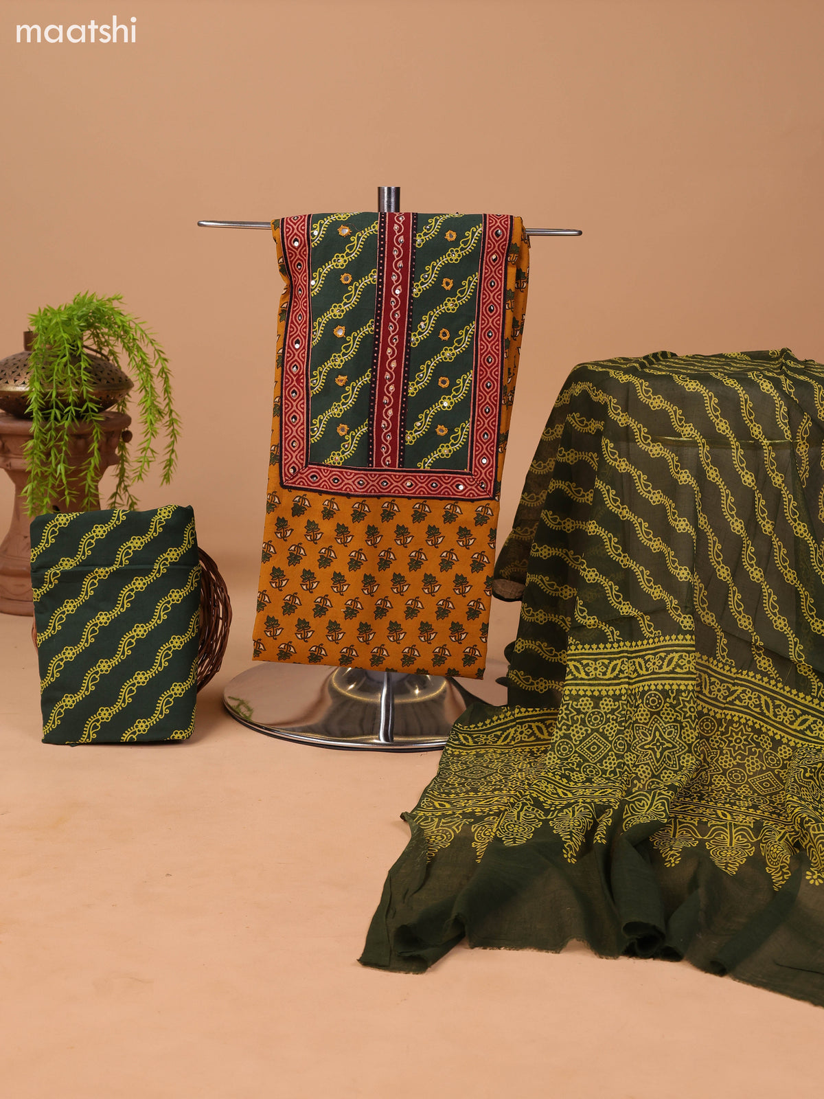 Mustard Yellow and Sap Green Cotton Dress Material With Allover Butta Prints & Patch Work Neck Pattern and Bottom & Dupatta