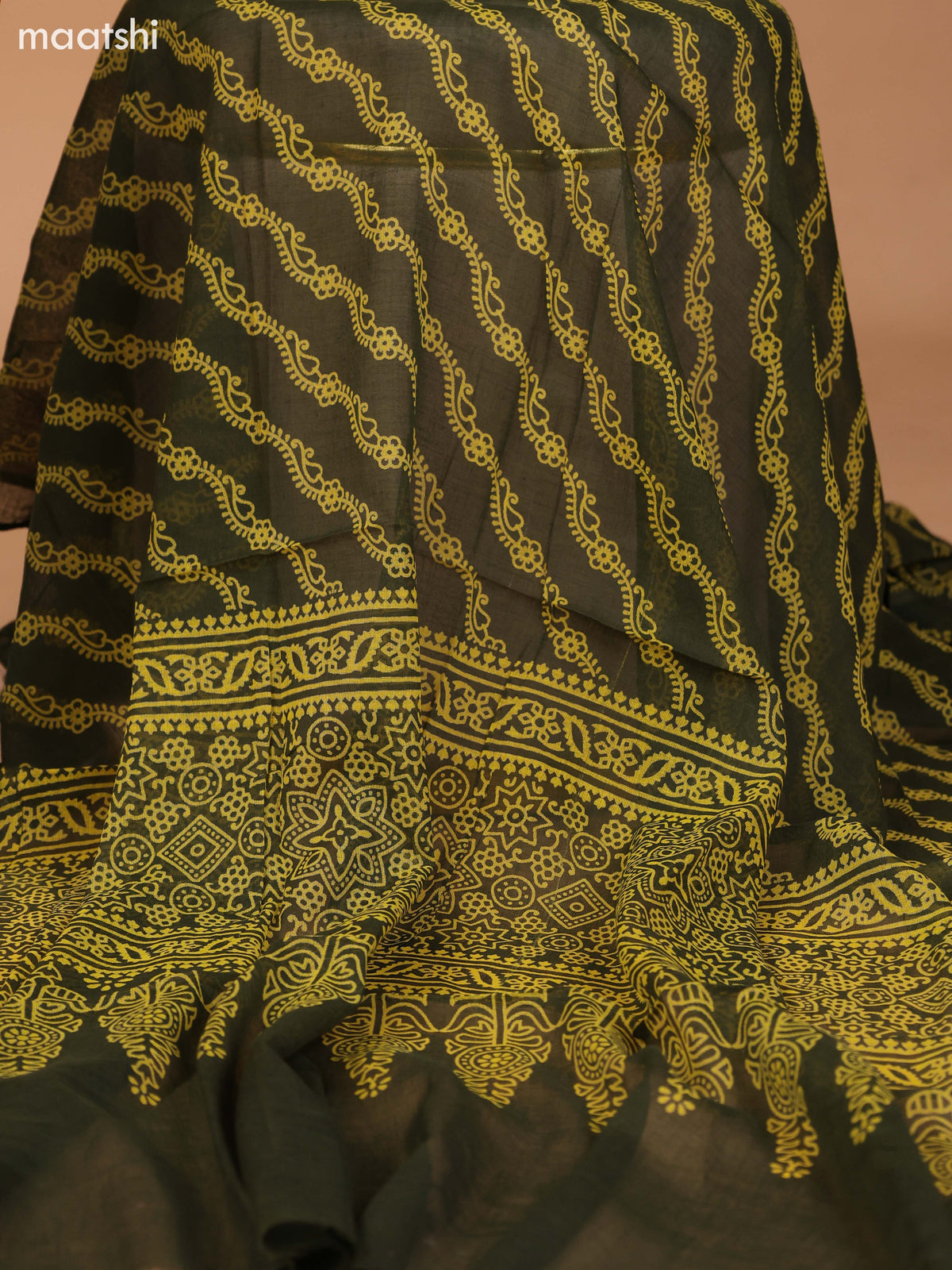 Mustard Yellow and Sap Green Cotton Dress Material With Allover Butta Prints & Patch Work Neck Pattern and Bottom & Dupatta
