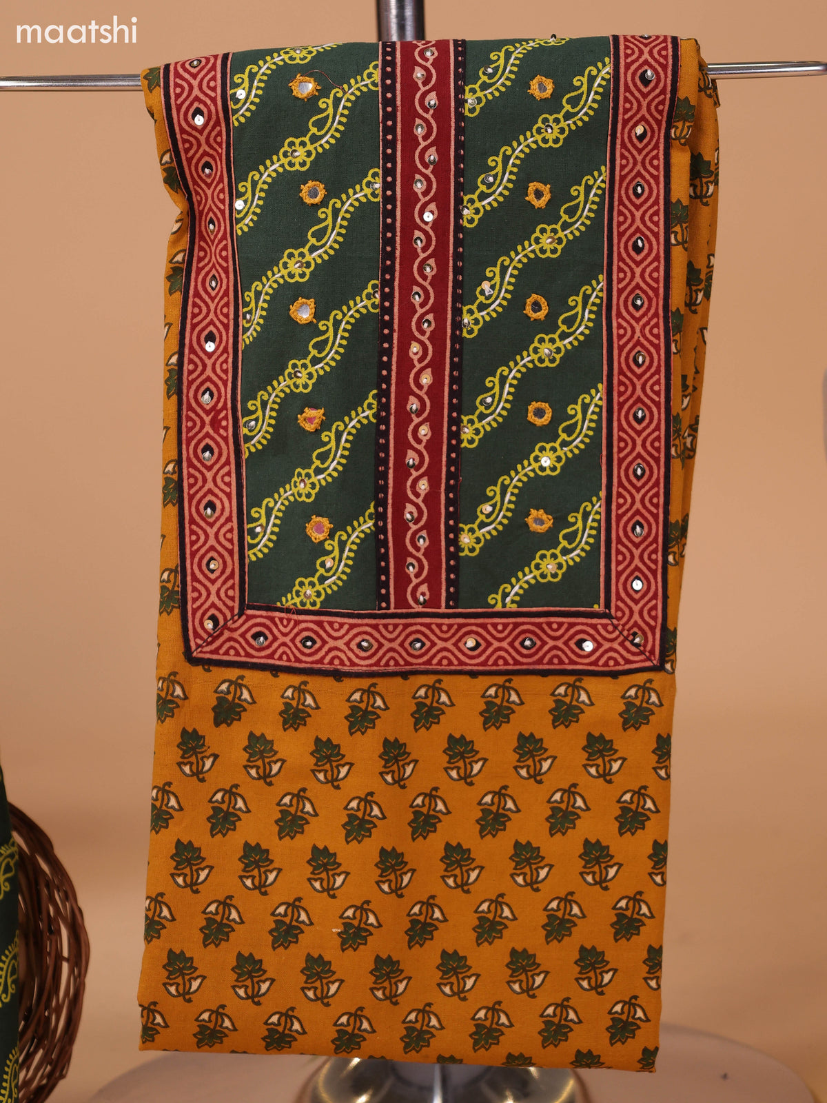 Mustard Yellow and Sap Green Cotton Dress Material With Allover Butta Prints & Patch Work Neck Pattern and Bottom & Dupatta