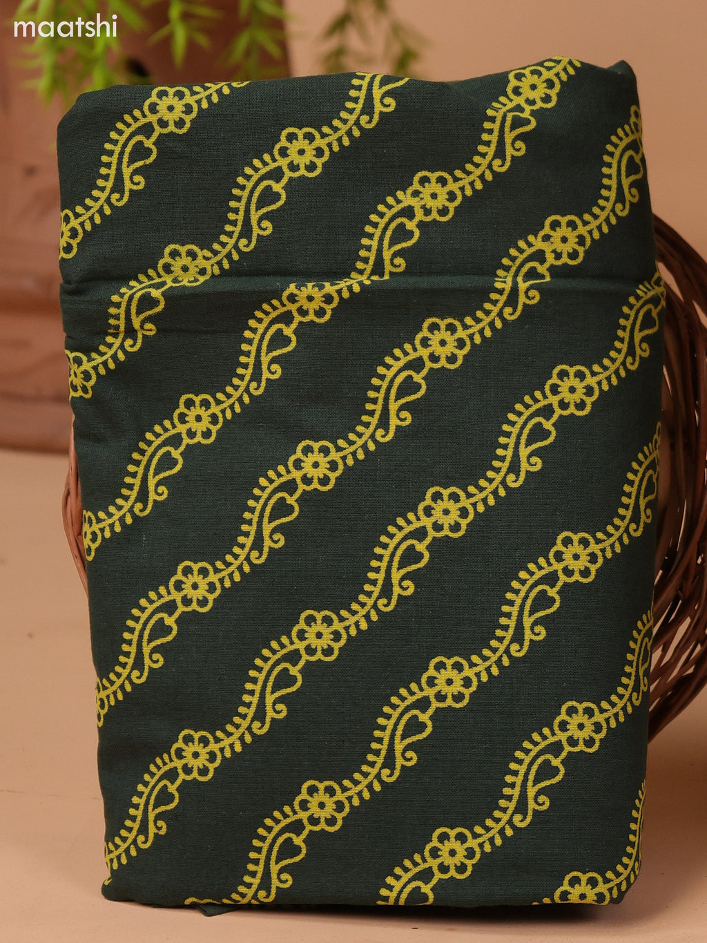 Mustard Yellow and Sap Green Cotton Dress Material With Allover Butta Prints & Patch Work Neck Pattern and Bottom & Dupatta