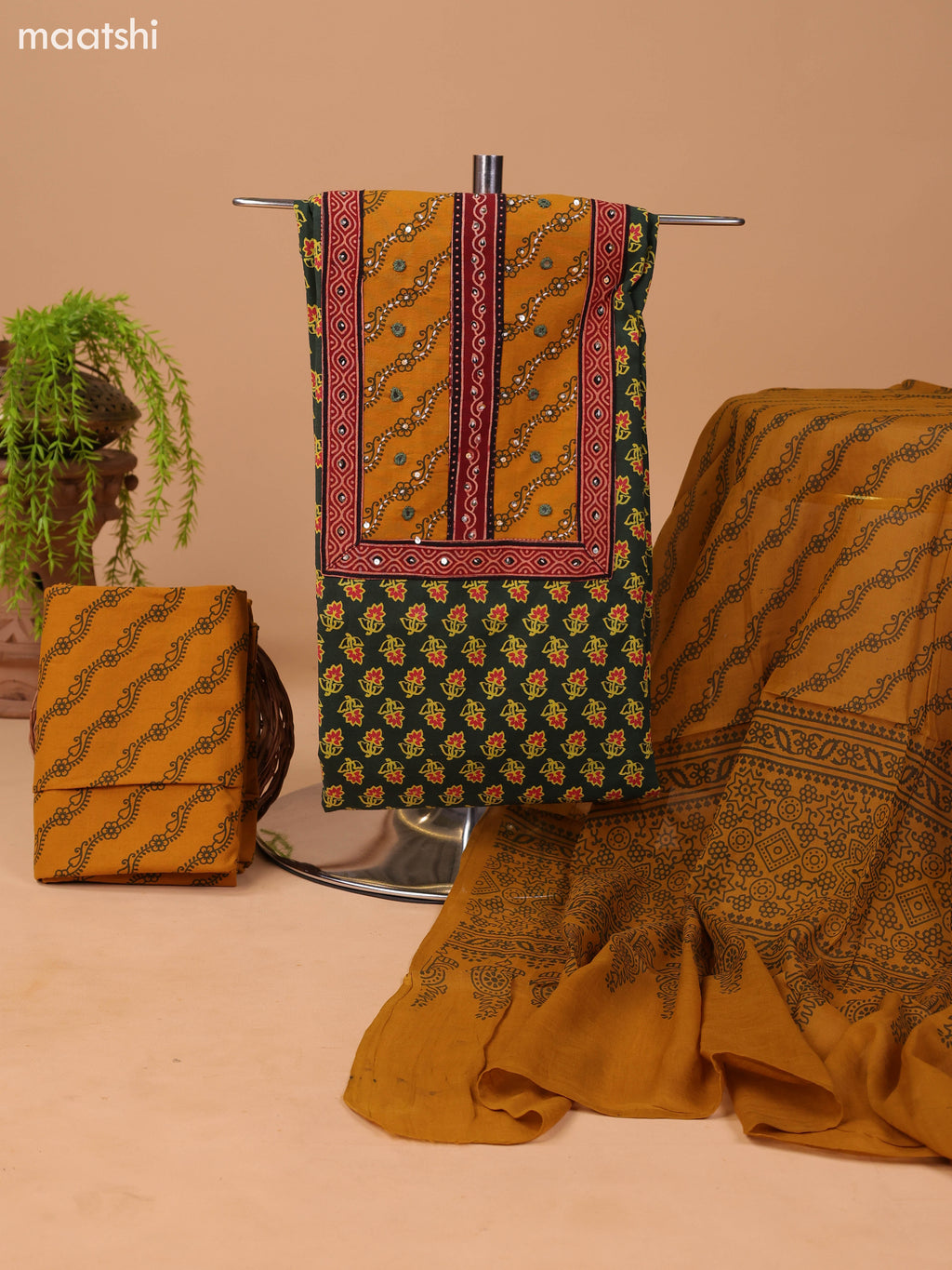 Sap Green and Mustard Yellow Cotton Dress Material With Allover Butta Prints & Patch Work Neck Pattern and Bottom & Dupatta