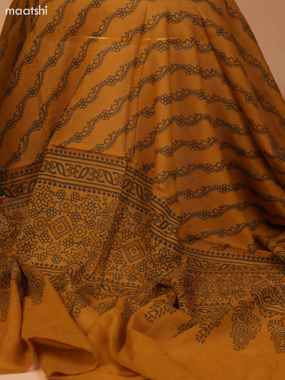 Sap Green and Mustard Yellow Cotton Dress Material With Allover Butta Prints & Patch Work Neck Pattern and Bottom & Dupatta