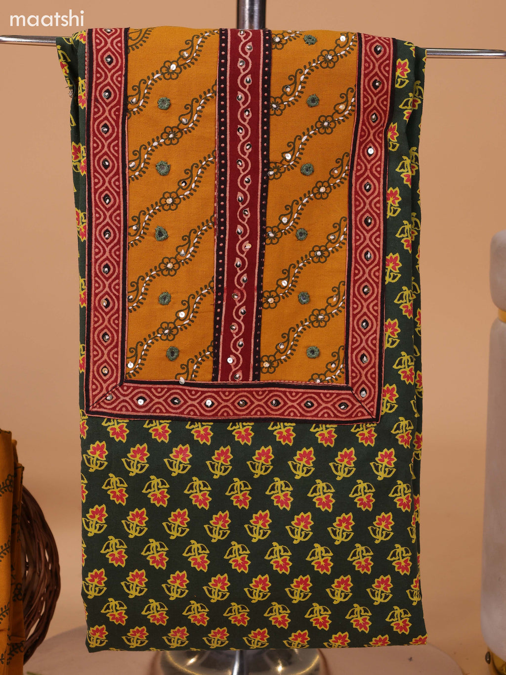 Sap Green and Mustard Yellow Cotton Dress Material With Allover Butta Prints & Patch Work Neck Pattern and Bottom & Dupatta