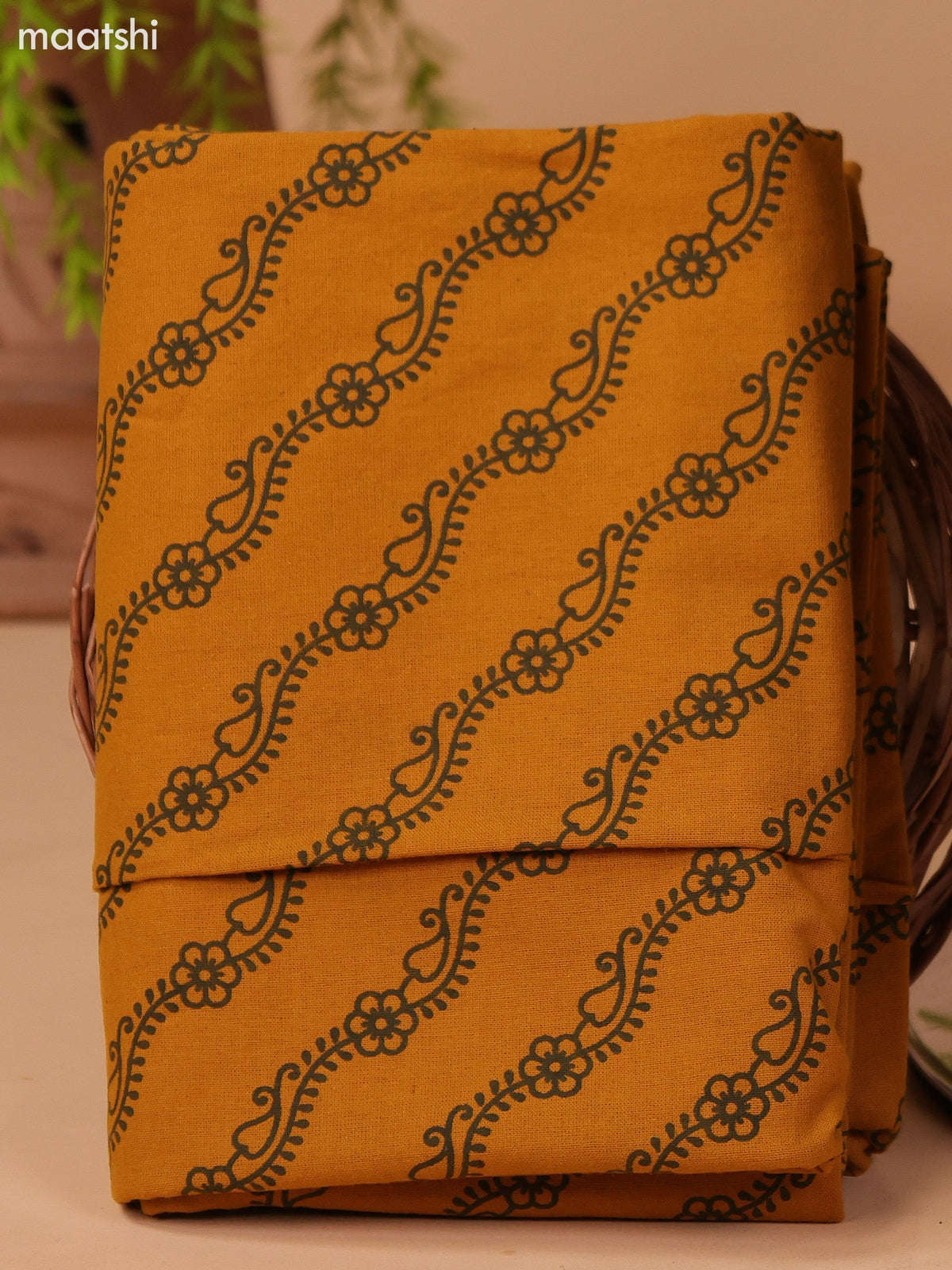 Sap Green and Mustard Yellow Cotton Dress Material With Allover Butta Prints & Patch Work Neck Pattern and Bottom & Dupatta