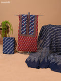 Dark Rust and Navy Blue Cotton Dress Material With Allover Butta Prints & Patch Work Neck Pattern and Bottom & Dupatta