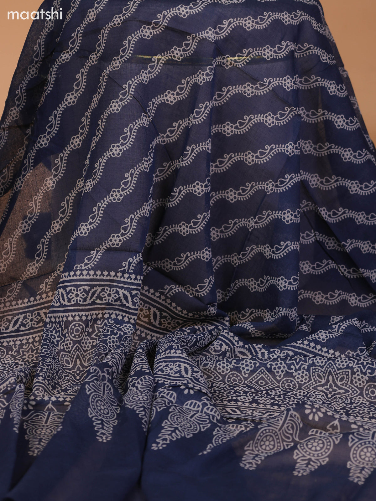Dark Rust and Navy Blue Cotton Dress Material With Allover Butta Prints & Patch Work Neck Pattern and Bottom & Dupatta