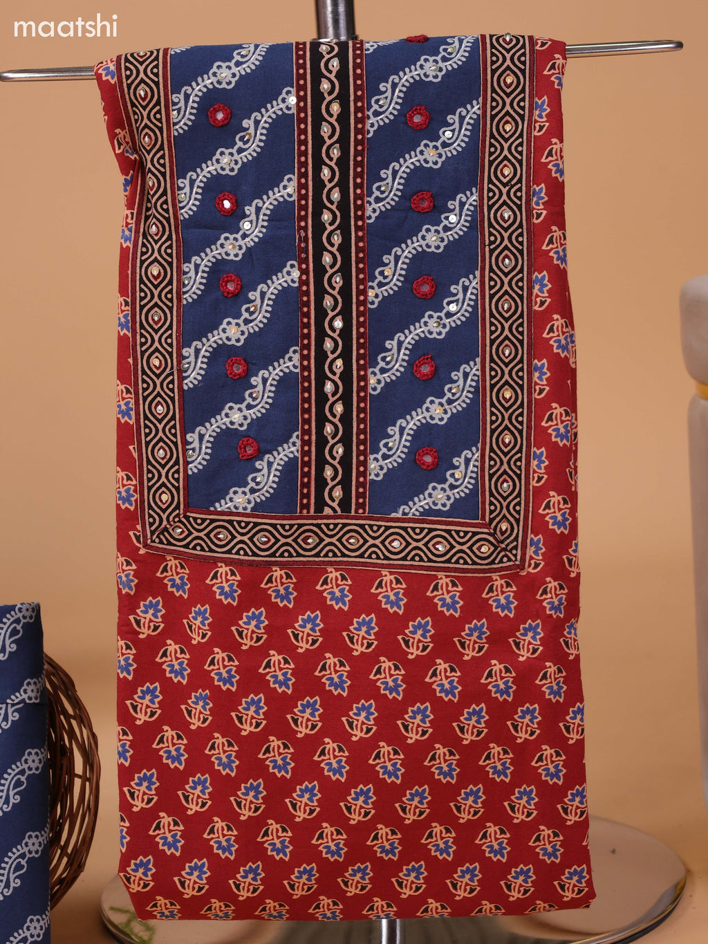 Dark Rust and Navy Blue Cotton Dress Material With Allover Butta Prints & Patch Work Neck Pattern and Bottom & Dupatta