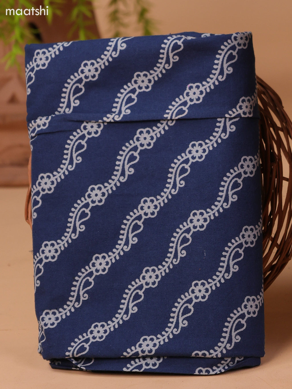 Dark Rust and Navy Blue Cotton Dress Material With Allover Butta Prints & Patch Work Neck Pattern and Bottom & Dupatta