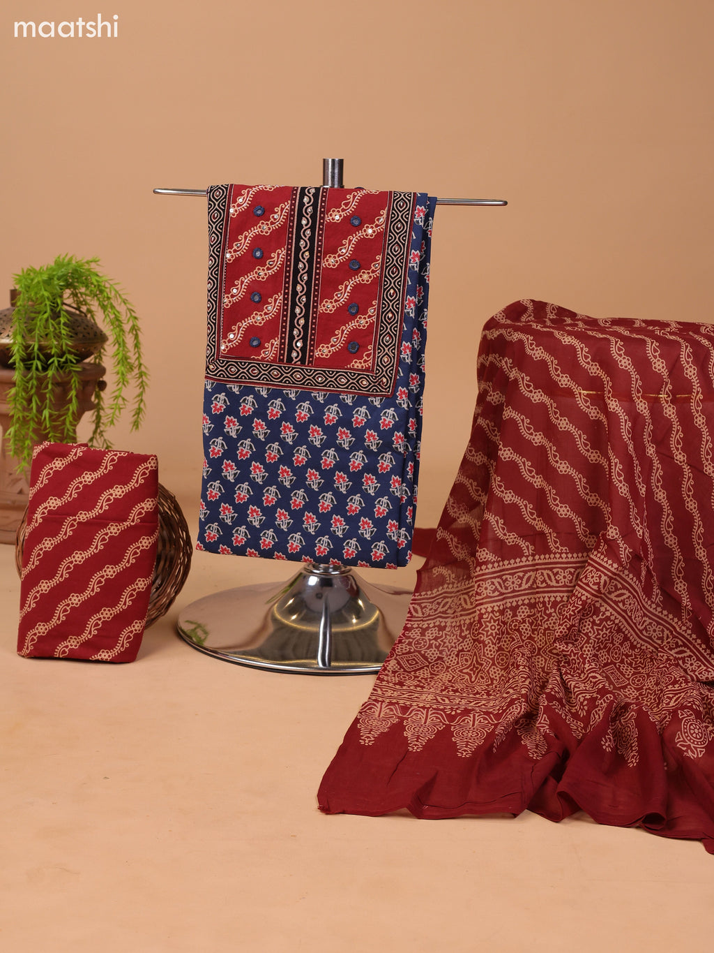 Navy Blue and Dark Rust Cotton Dress Material With Allover Butta Prints & Patch Work Neck Pattern and Bottom & Dupatta