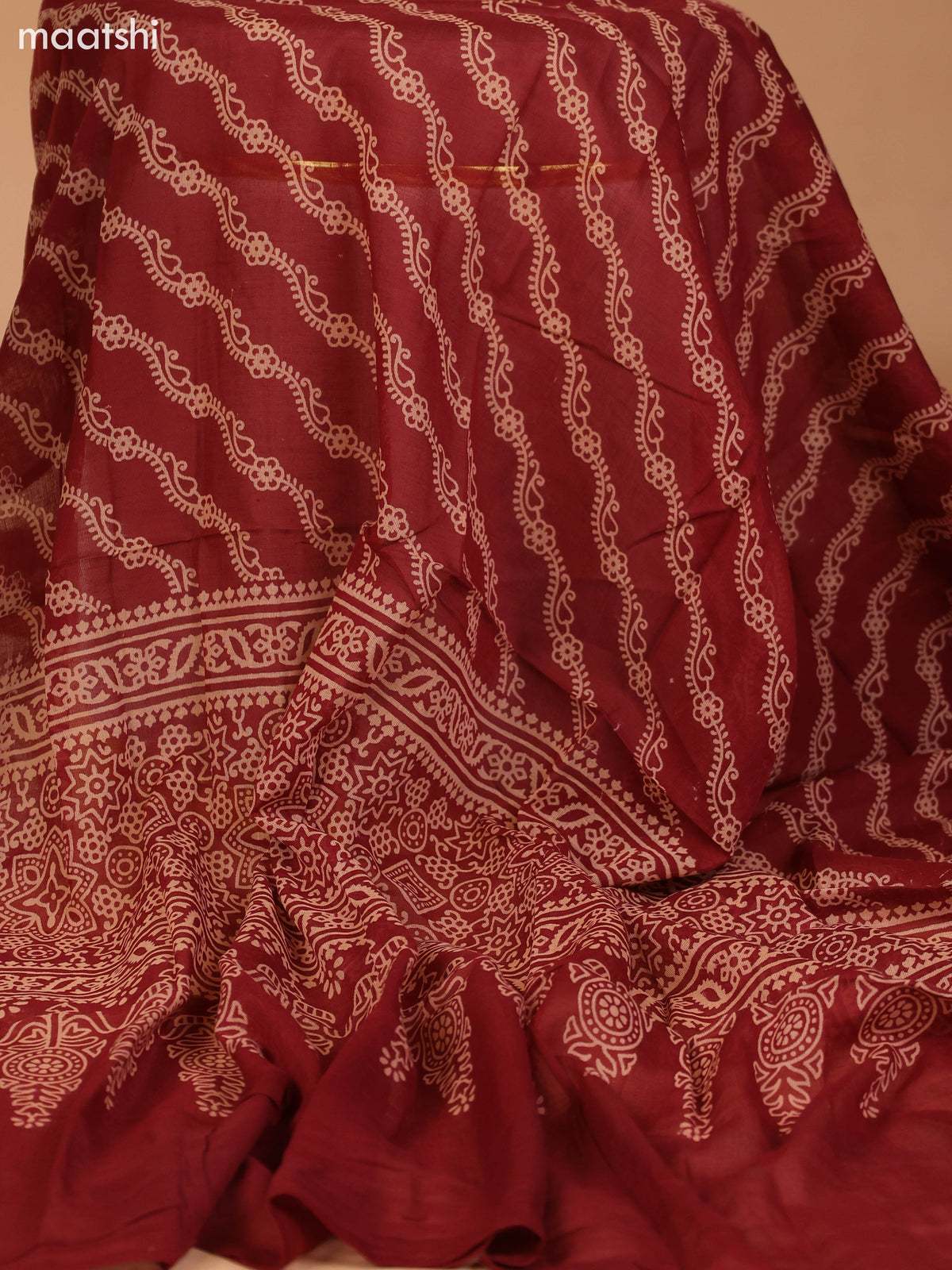 Navy Blue and Dark Rust Cotton Dress Material With Allover Butta Prints & Patch Work Neck Pattern and Bottom & Dupatta
