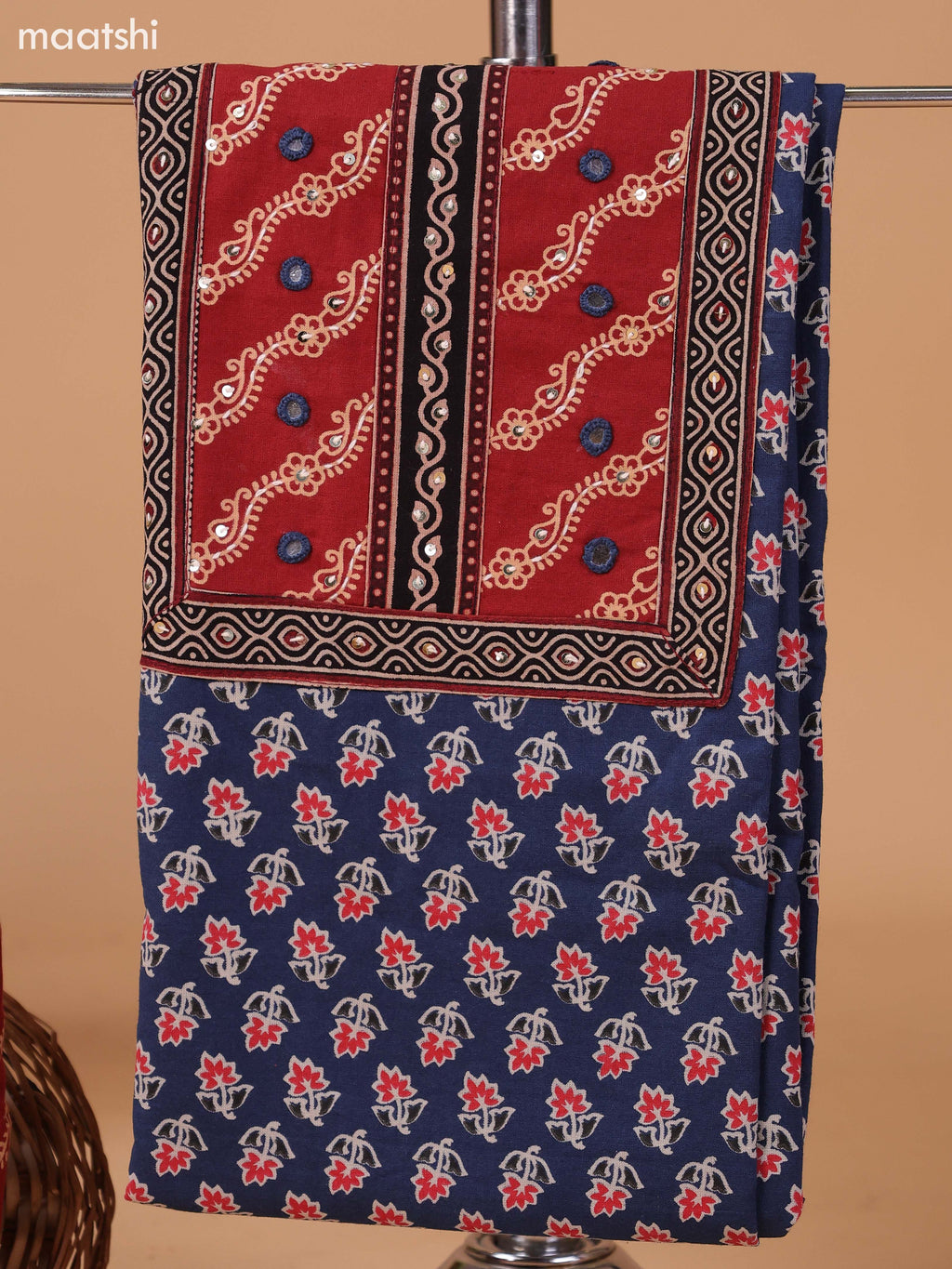 Navy Blue and Dark Rust Cotton Dress Material With Allover Butta Prints & Patch Work Neck Pattern and Bottom & Dupatta