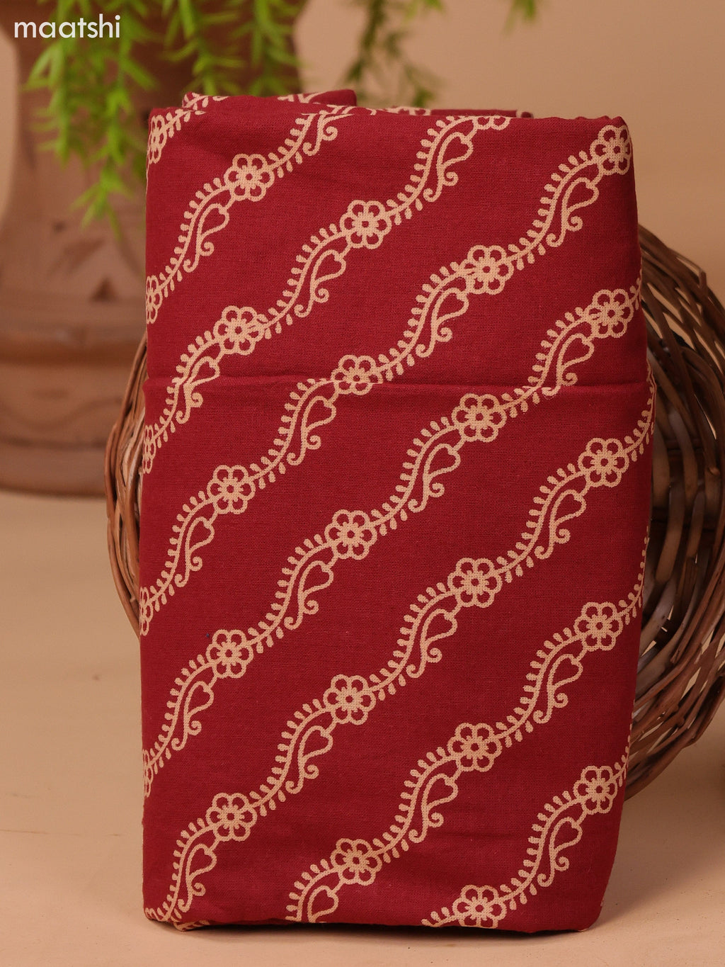 Navy Blue and Dark Rust Cotton Dress Material With Allover Butta Prints & Patch Work Neck Pattern and Bottom & Dupatta