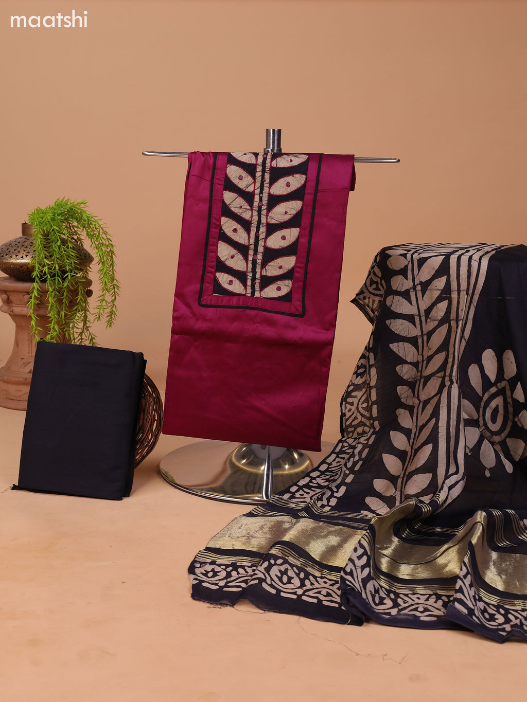 Wine Shade and Black Cotton Dress Material With Plain Body & Batik Prints Patch Work Neck Pattern and Bottom & Dupatta