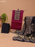 Wine Shade and Black Cotton Dress Material With Plain Body & Batik Prints Patch Work Neck Pattern and Bottom & Dupatta
