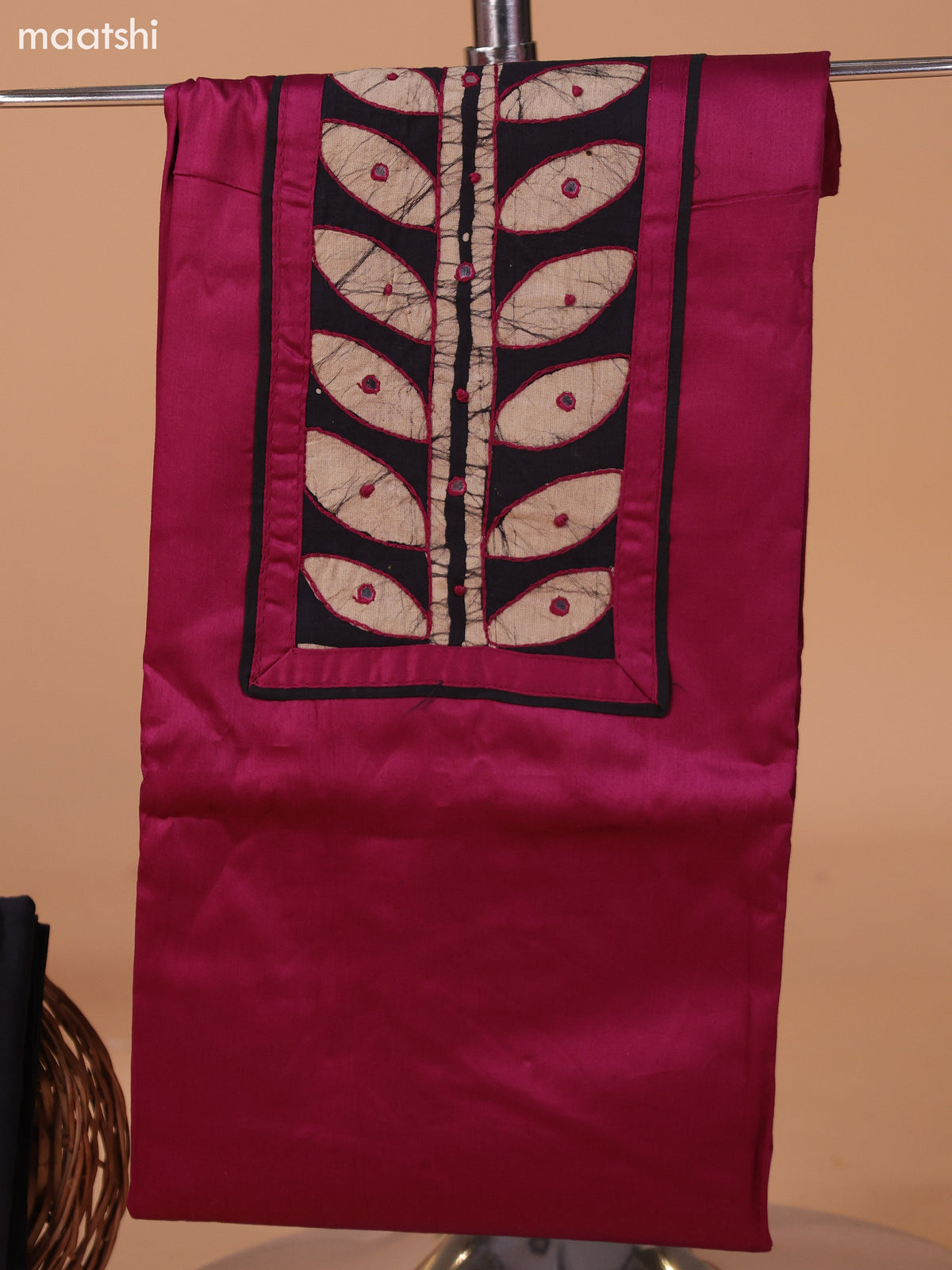 Wine Shade and Black Cotton Dress Material With Plain Body & Batik Prints Patch Work Neck Pattern and Bottom & Dupatta