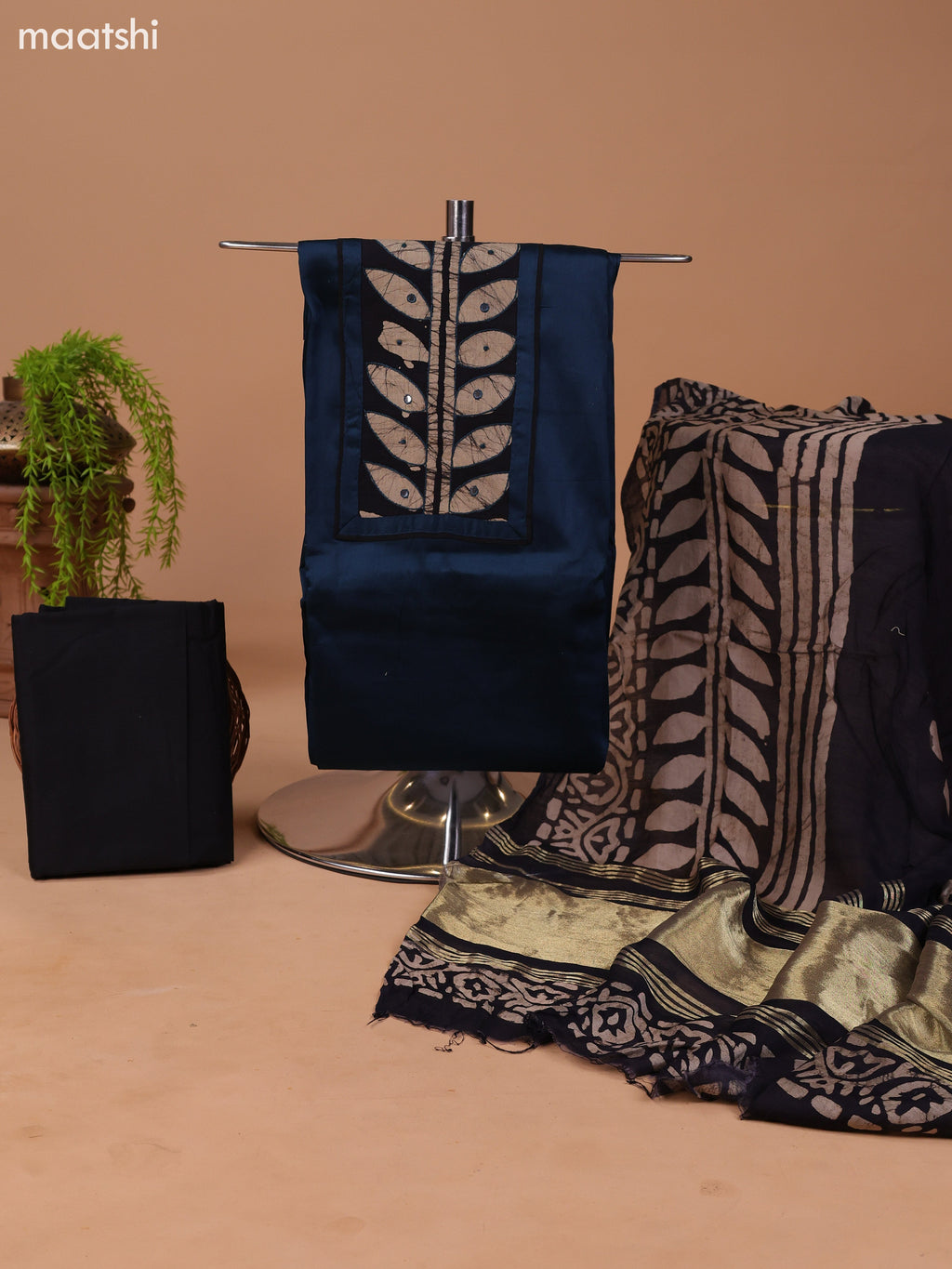 Dark Peacock Blue and Black Cotton Dress Material With Plain Body & Batik Prints Patch Work Neck Pattern and Bottom & Dupatta