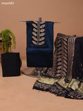 Dark Peacock Blue and Black Cotton Dress Material With Plain Body & Batik Prints Patch Work Neck Pattern and Bottom & Dupatta