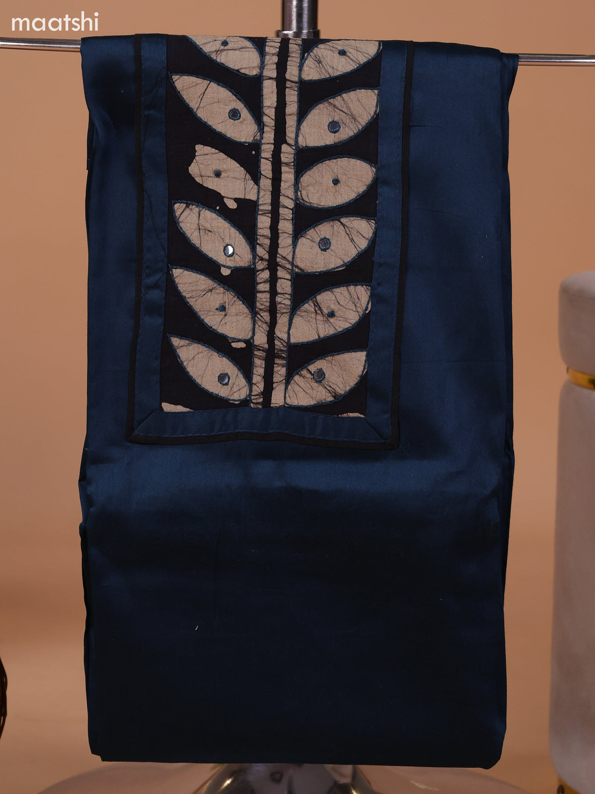 Dark Peacock Blue and Black Cotton Dress Material With Plain Body & Batik Prints Patch Work Neck Pattern and Bottom & Dupatta