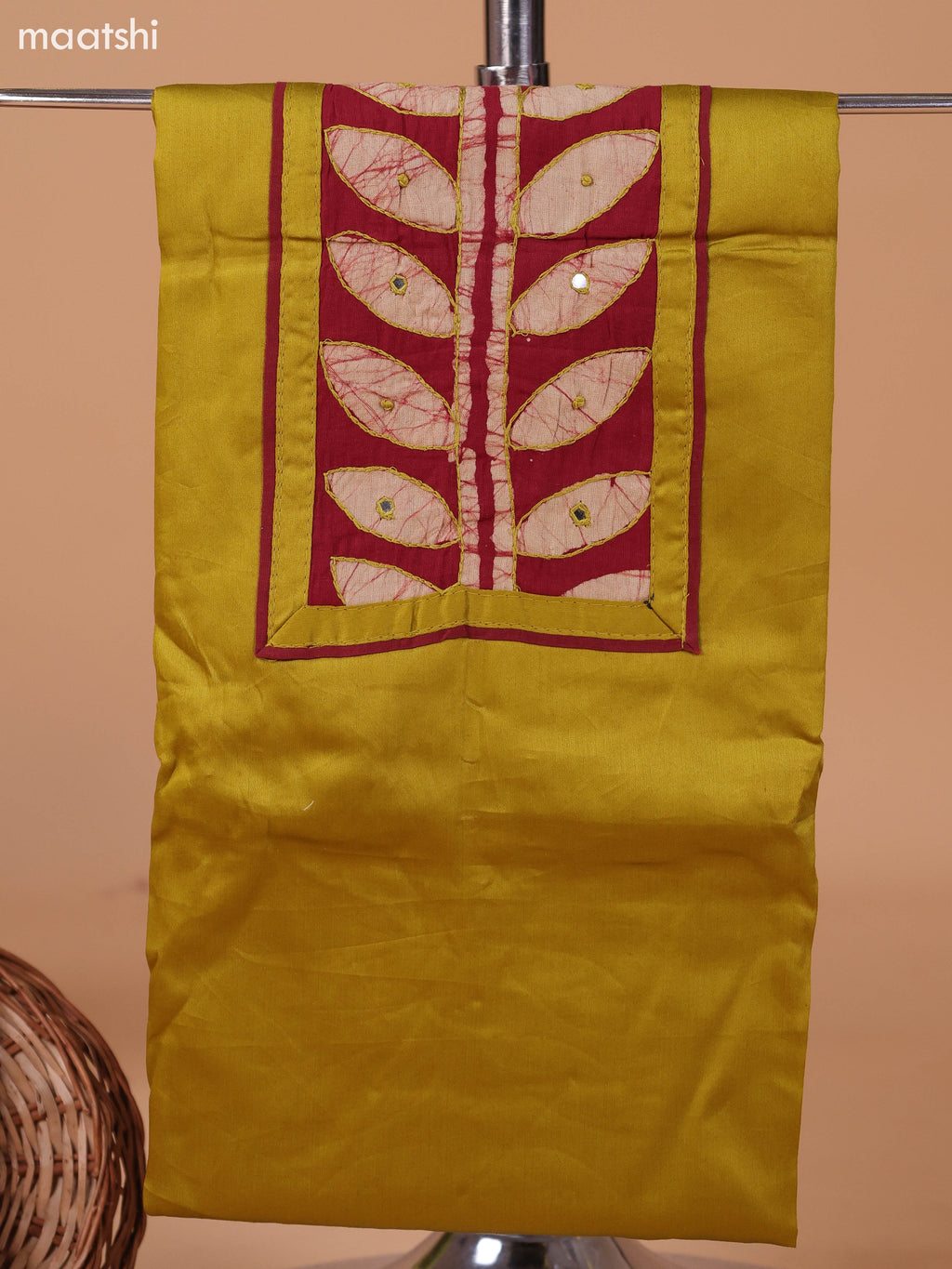 Mustard Green and Maroon Cotton Dress Material With Plain Body & Batik Prints Patch Work Neck Pattern and Bottom & Dupatta