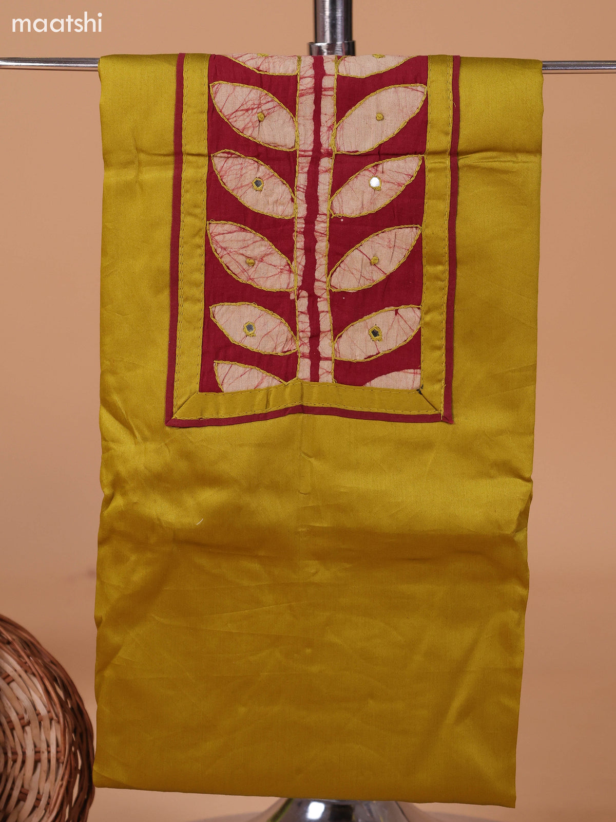 Mustard Green and Maroon Cotton Dress Material With Plain Body & Batik Prints Patch Work Neck Pattern and Bottom & Dupatta