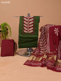Sap Green and Maroon Cotton Dress Material With Plain Body & Batik Prints Patch Work Neck Pattern and Bottom & Dupatta