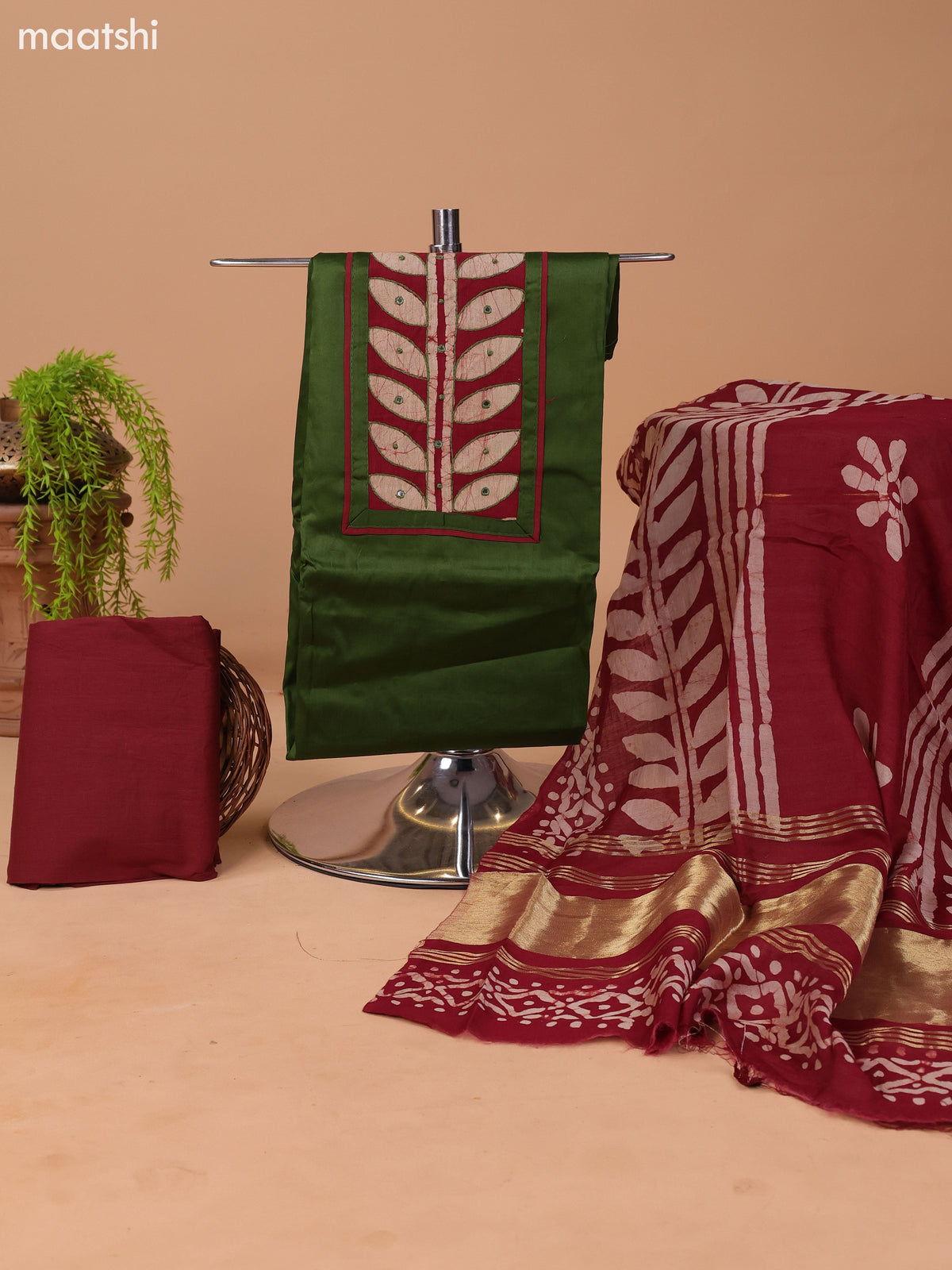 Sap Green and Maroon Cotton Dress Material With Plain Body & Batik Prints Patch Work Neck Pattern and Bottom & Dupatta
